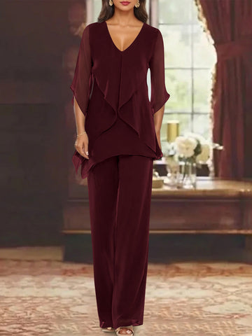 Chiffon V-Neck Half Sleeves Mother of the Bride Pantsuits with Ruffles Ankle-Length