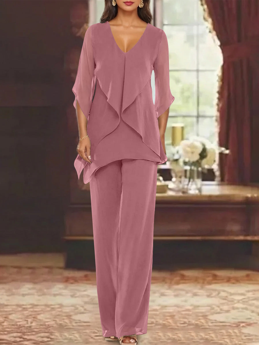 Chiffon V-Neck Half Sleeves Mother of the Bride Pantsuits with Ruffles Ankle-Length