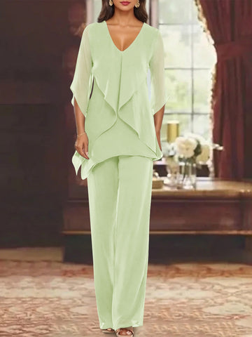 Chiffon V-Neck Half Sleeves Mother of the Bride Pantsuits with Ruffles Ankle-Length