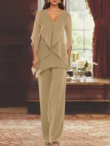 Chiffon V-Neck Half Sleeves Mother of the Bride Pantsuits with Ruffles Ankle-Length