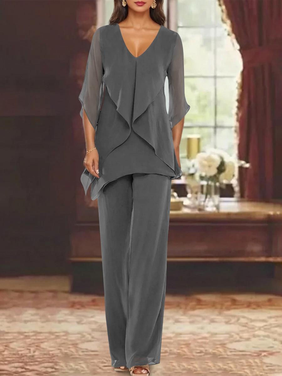 Chiffon V-Neck Half Sleeves Mother of the Bride Pantsuits with Ruffles Ankle-Length