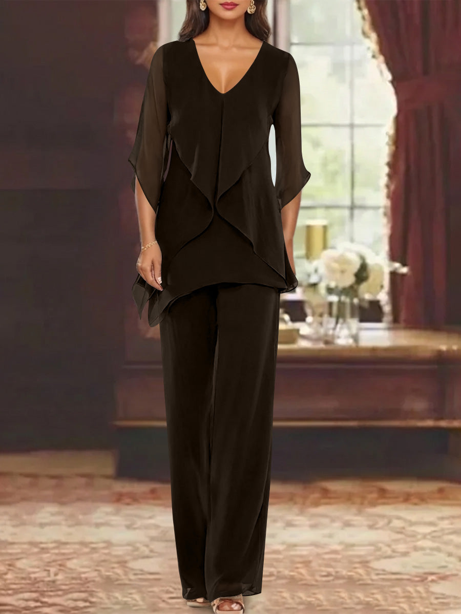 Chiffon V-Neck Half Sleeves Mother of the Bride Pantsuits with Ruffles Ankle-Length