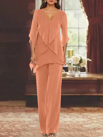 Chiffon V-Neck Half Sleeves Mother of the Bride Pantsuits with Ruffles Ankle-Length