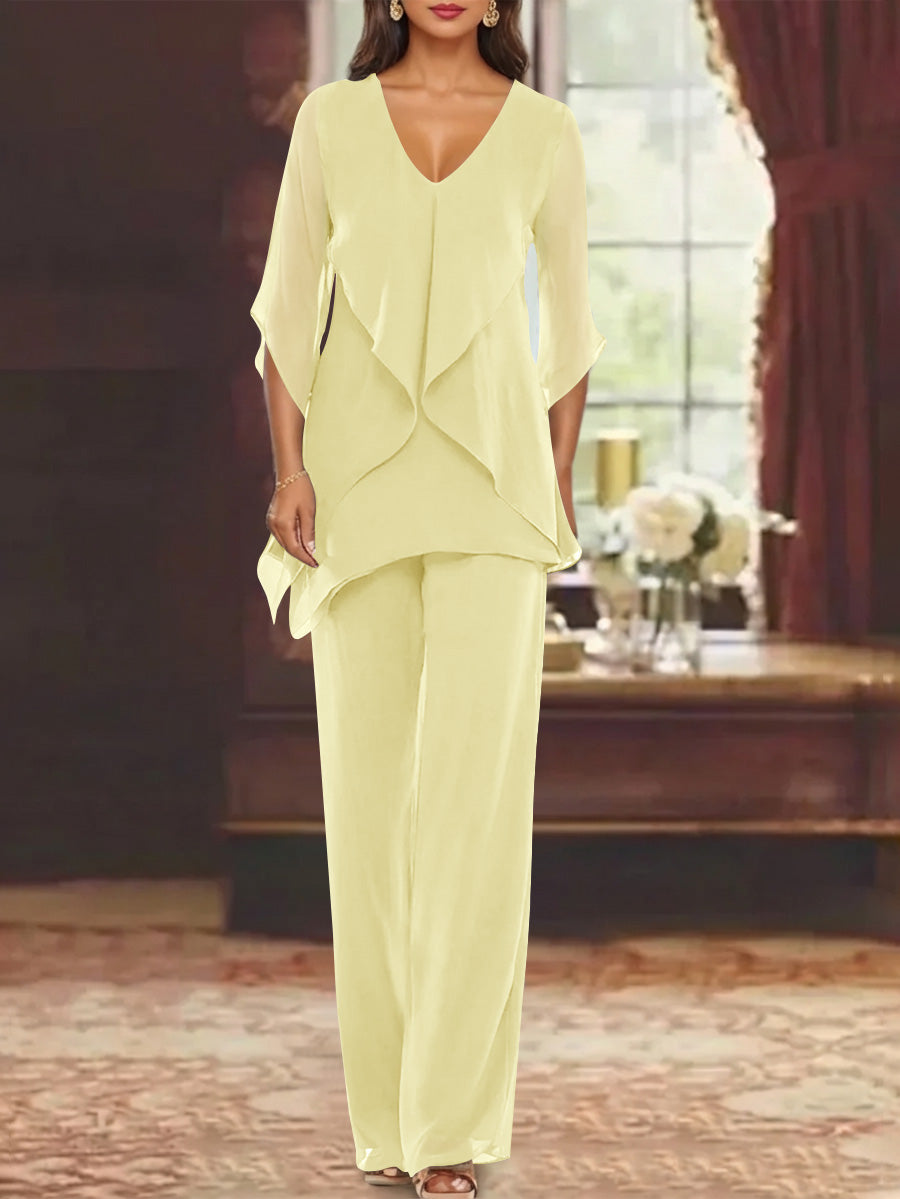 Chiffon V-Neck Half Sleeves Mother of the Bride Pantsuits with Ruffles Ankle-Length
