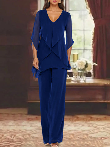 Chiffon V-Neck Half Sleeves Mother of the Bride Pantsuits with Ruffles Ankle-Length