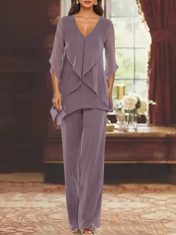 Chiffon V-Neck Half Sleeves Mother of the Bride Pantsuits with Ruffles Ankle-Length