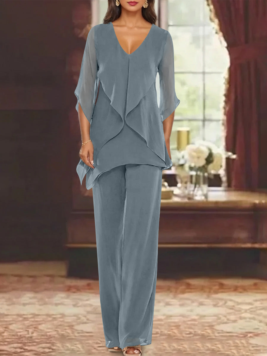 Chiffon V-Neck Half Sleeves Mother of the Bride Pantsuits with Ruffles Ankle-Length