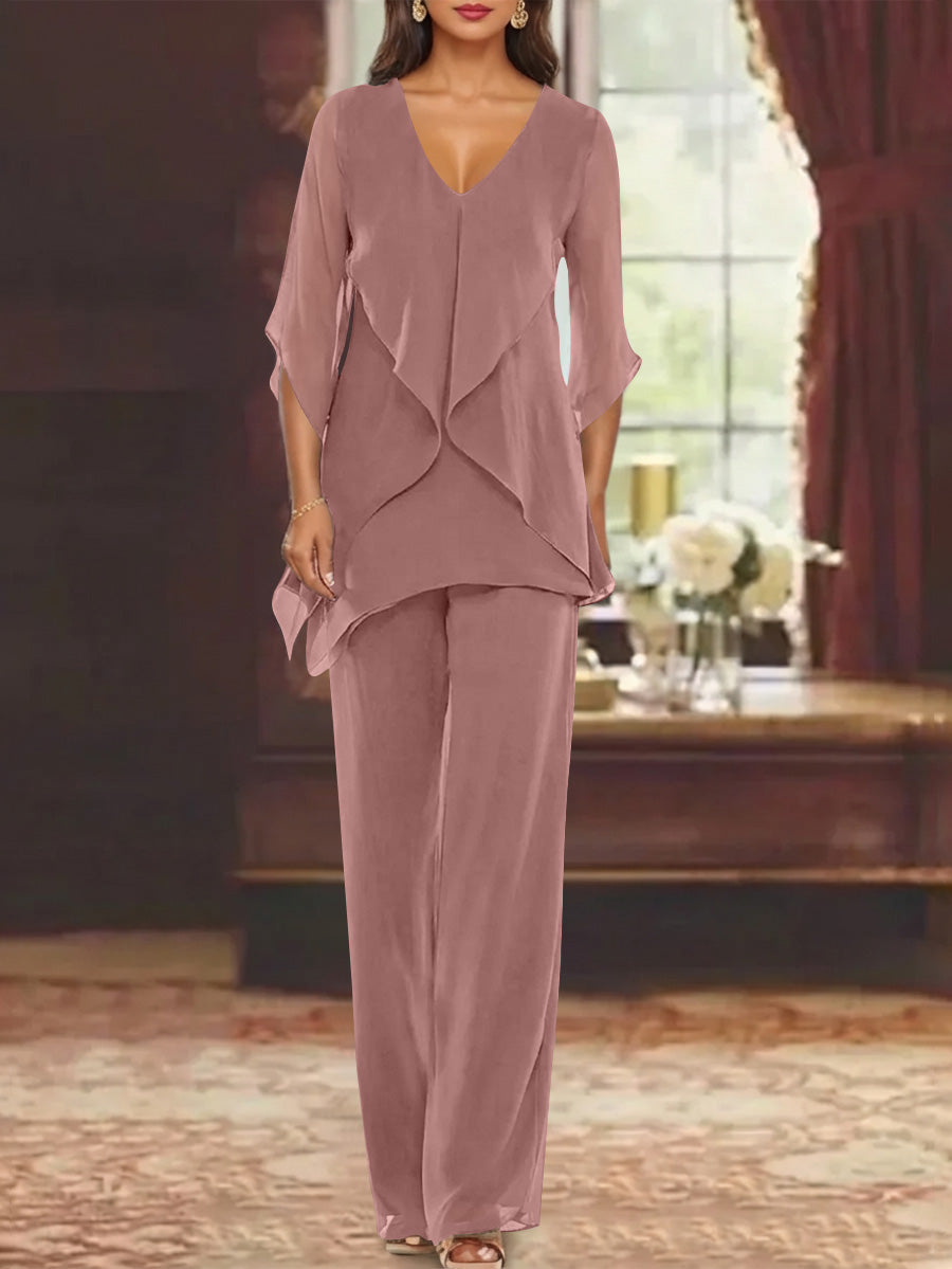 Chiffon V-Neck Half Sleeves Mother of the Bride Pantsuits with Ruffles Ankle-Length