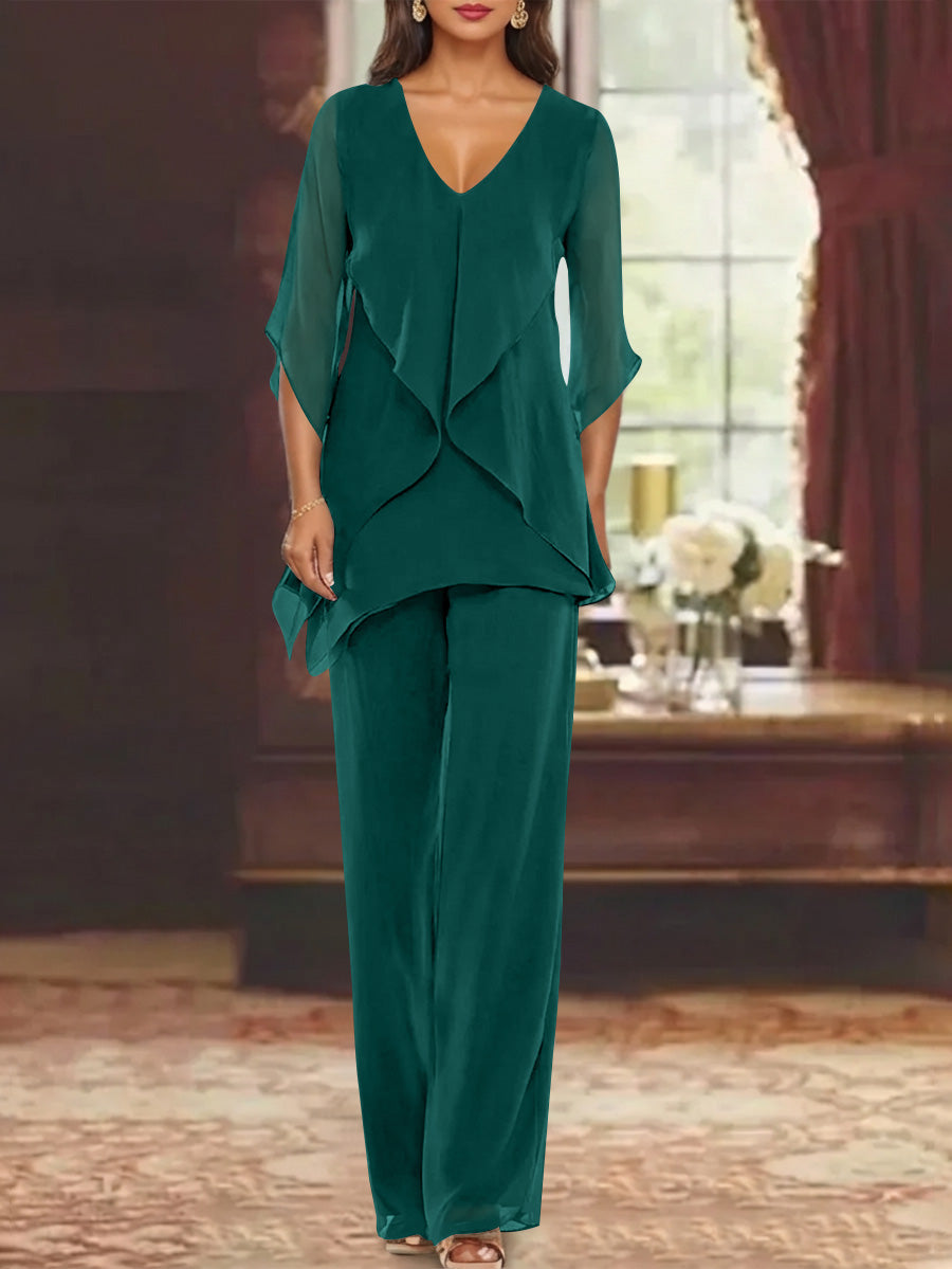 Chiffon V-Neck Half Sleeves Mother of the Bride Pantsuits with Ruffles Ankle-Length