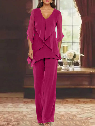 Chiffon V-Neck Half Sleeves Mother of the Bride Pantsuits with Ruffles Ankle-Length