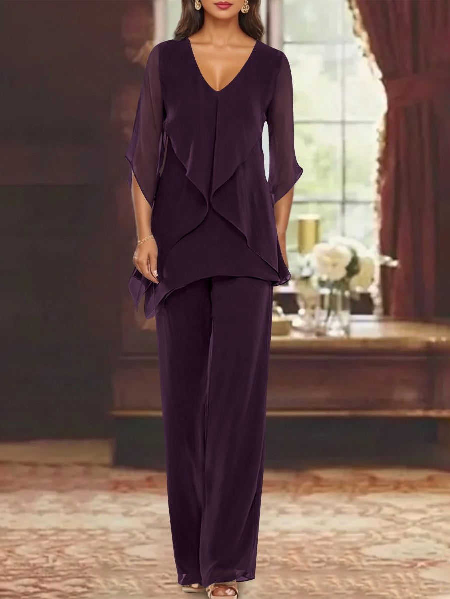 Chiffon V-Neck Half Sleeves Mother of the Bride Pantsuits with Ruffles Ankle-Length