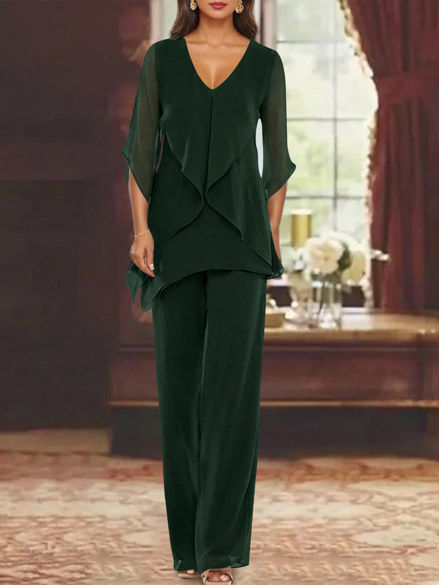 Chiffon V-Neck Half Sleeves Mother of the Bride Pantsuits with Ruffles Ankle-Length