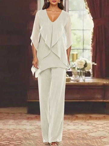 Chiffon V-Neck Half Sleeves Mother of the Bride Pantsuits with Ruffles Ankle-Length