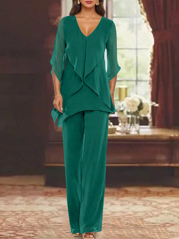 Chiffon V-Neck Half Sleeves Mother of the Bride Pantsuits with Ruffles Ankle-Length