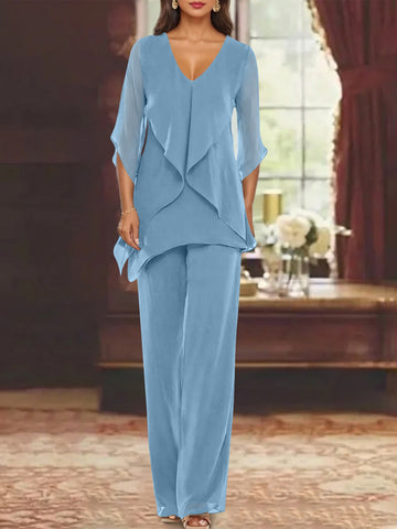 Chiffon V-Neck Half Sleeves Mother of the Bride Pantsuits with Ruffles Ankle-Length
