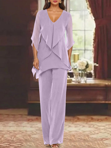 Chiffon V-Neck Half Sleeves Mother of the Bride Pantsuits with Ruffles Ankle-Length