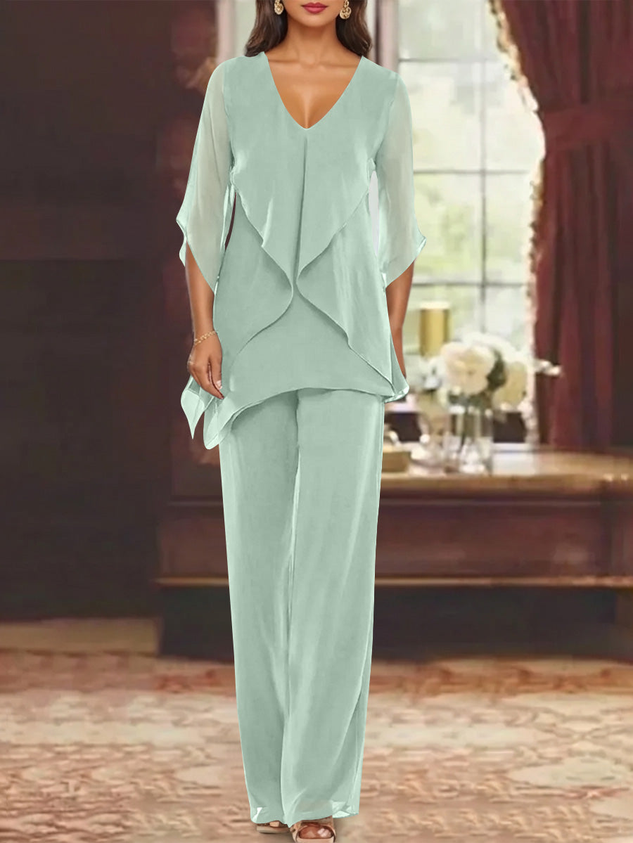 Chiffon V-Neck Half Sleeves Mother of the Bride Pantsuits with Ruffles Ankle-Length