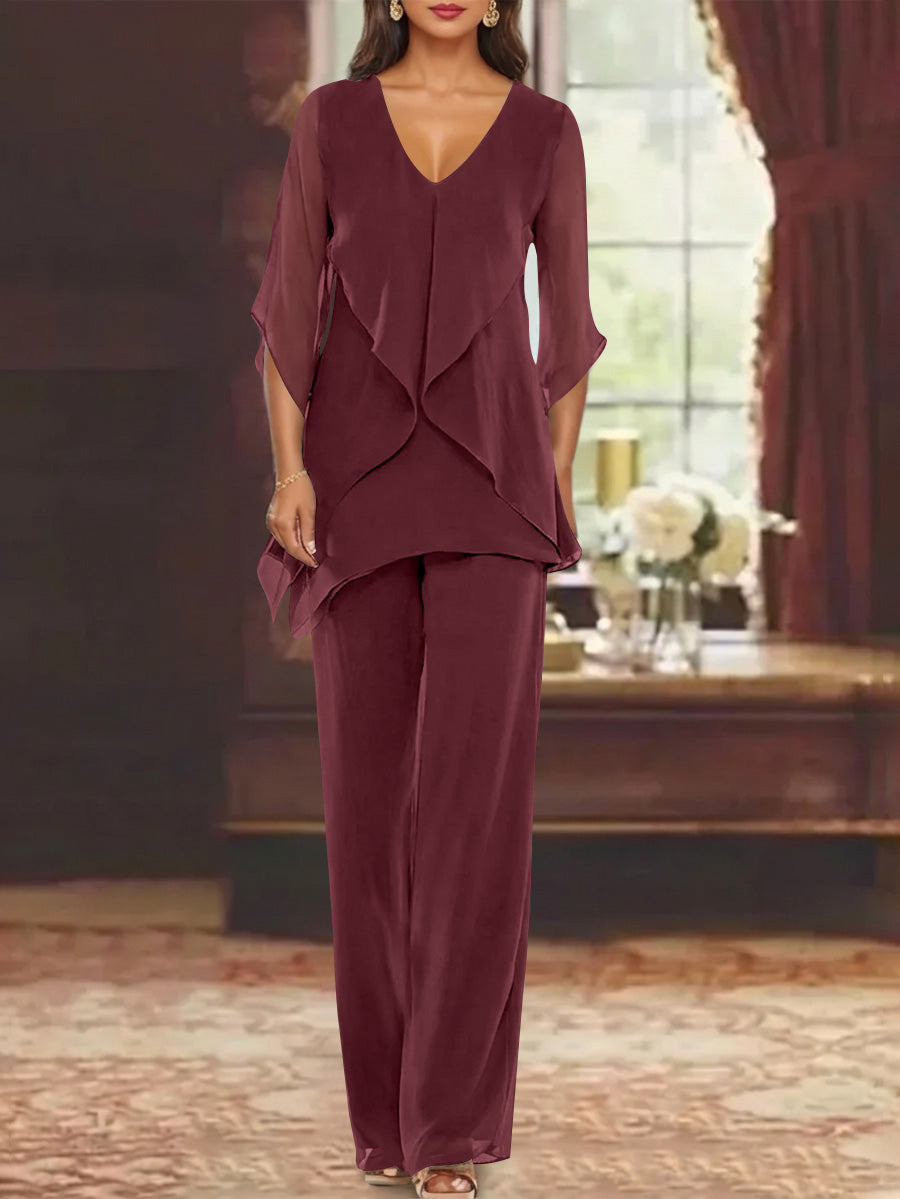 Chiffon V-Neck Half Sleeves Mother of the Bride Pantsuits with Ruffles Ankle-Length