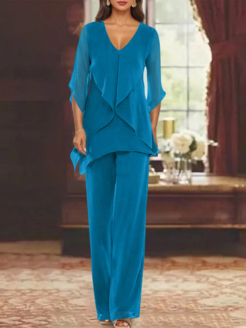 Chiffon V-Neck Half Sleeves Mother of the Bride Pantsuits with Ruffles Ankle-Length