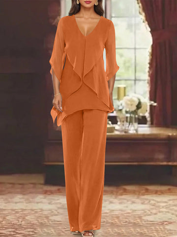 Chiffon V-Neck Half Sleeves Mother of the Bride Pantsuits with Ruffles Ankle-Length