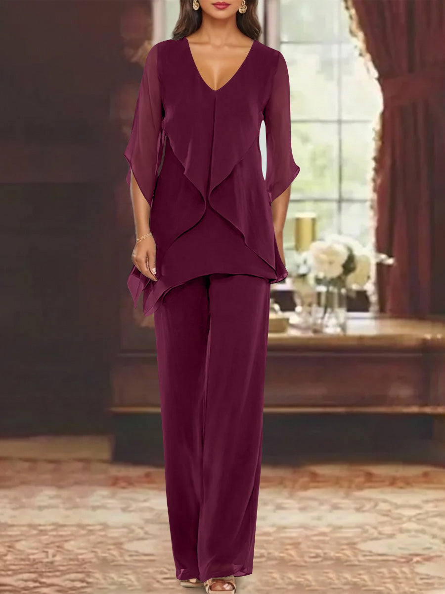 Chiffon V-Neck Half Sleeves Mother of the Bride Pantsuits with Ruffles Ankle-Length