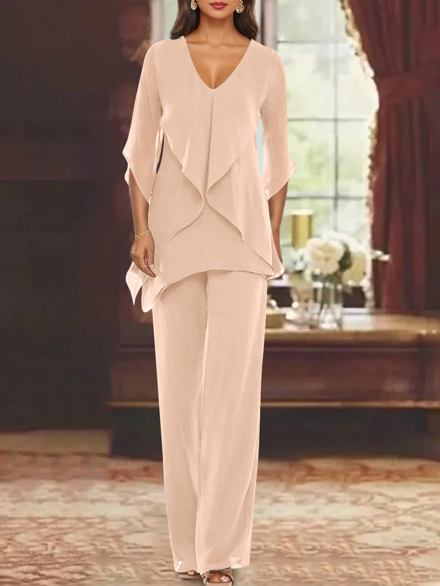 Chiffon V-Neck Half Sleeves Mother of the Bride Pantsuits with Ruffles Ankle-Length