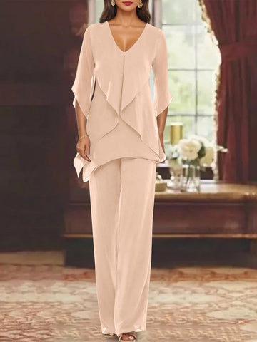 Chiffon V-Neck Half Sleeves Mother of the Bride Pantsuits with Ruffles Ankle-Length