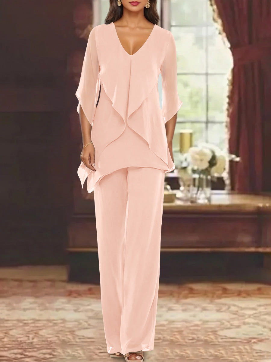 Chiffon V-Neck Half Sleeves Mother of the Bride Pantsuits with Ruffles Ankle-Length