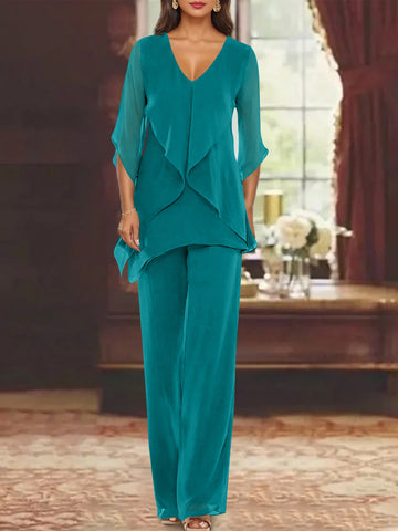 Chiffon V-Neck Half Sleeves Mother of the Bride Pantsuits with Ruffles Ankle-Length