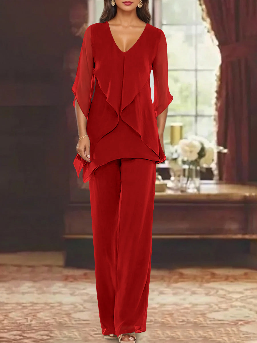 Chiffon V-Neck Half Sleeves Mother of the Bride Pantsuits with Ruffles Ankle-Length