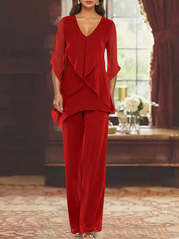 Chiffon V-Neck Half Sleeves Mother of the Bride Pantsuits with Ruffles Ankle-Length