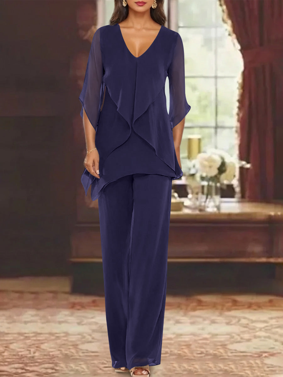 Chiffon V-Neck Half Sleeves Mother of the Bride Pantsuits with Ruffles Ankle-Length