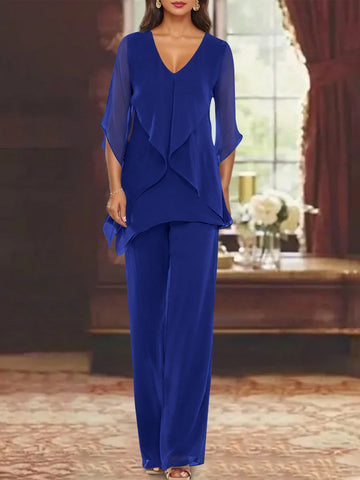 Chiffon V-Neck Half Sleeves Mother of the Bride Pantsuits with Ruffles Ankle-Length