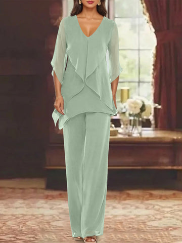 Chiffon V-Neck Half Sleeves Mother of the Bride Pantsuits with Ruffles Ankle-Length