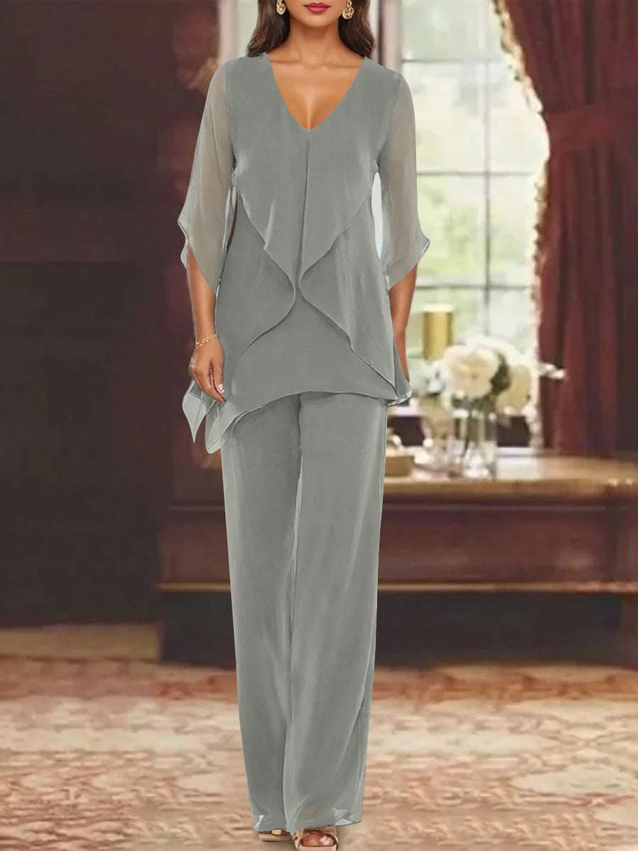 Chiffon V-Neck Half Sleeves Mother of the Bride Pantsuits with Ruffles Ankle-Length
