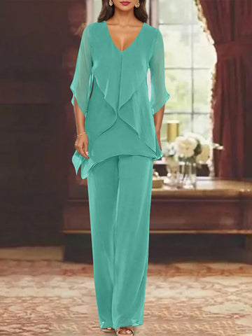 Chiffon V-Neck Half Sleeves Mother of the Bride Pantsuits with Ruffles Ankle-Length