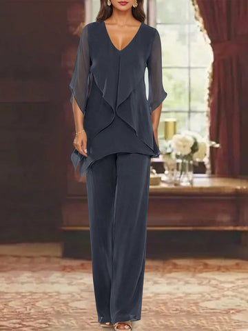 Chiffon V-Neck Half Sleeves Mother of the Bride Pantsuits with Ruffles Ankle-Length
