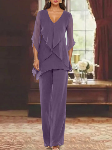 Chiffon V-Neck Half Sleeves Mother of the Bride Pantsuits with Ruffles Ankle-Length