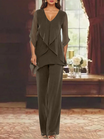 Chiffon V-Neck Half Sleeves Mother of the Bride Pantsuits with Ruffles Ankle-Length