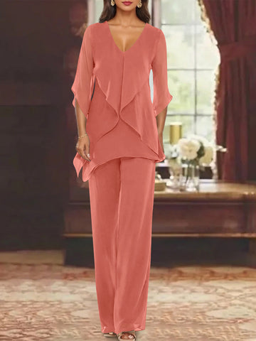 Chiffon V-Neck Half Sleeves Mother of the Bride Pantsuits with Ruffles Ankle-Length
