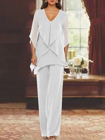 Chiffon V-Neck Half Sleeves Mother of the Bride Pantsuits with Ruffles Ankle-Length