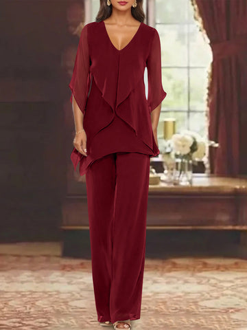 Chiffon V-Neck Half Sleeves Mother of the Bride Pantsuits with Ruffles Ankle-Length