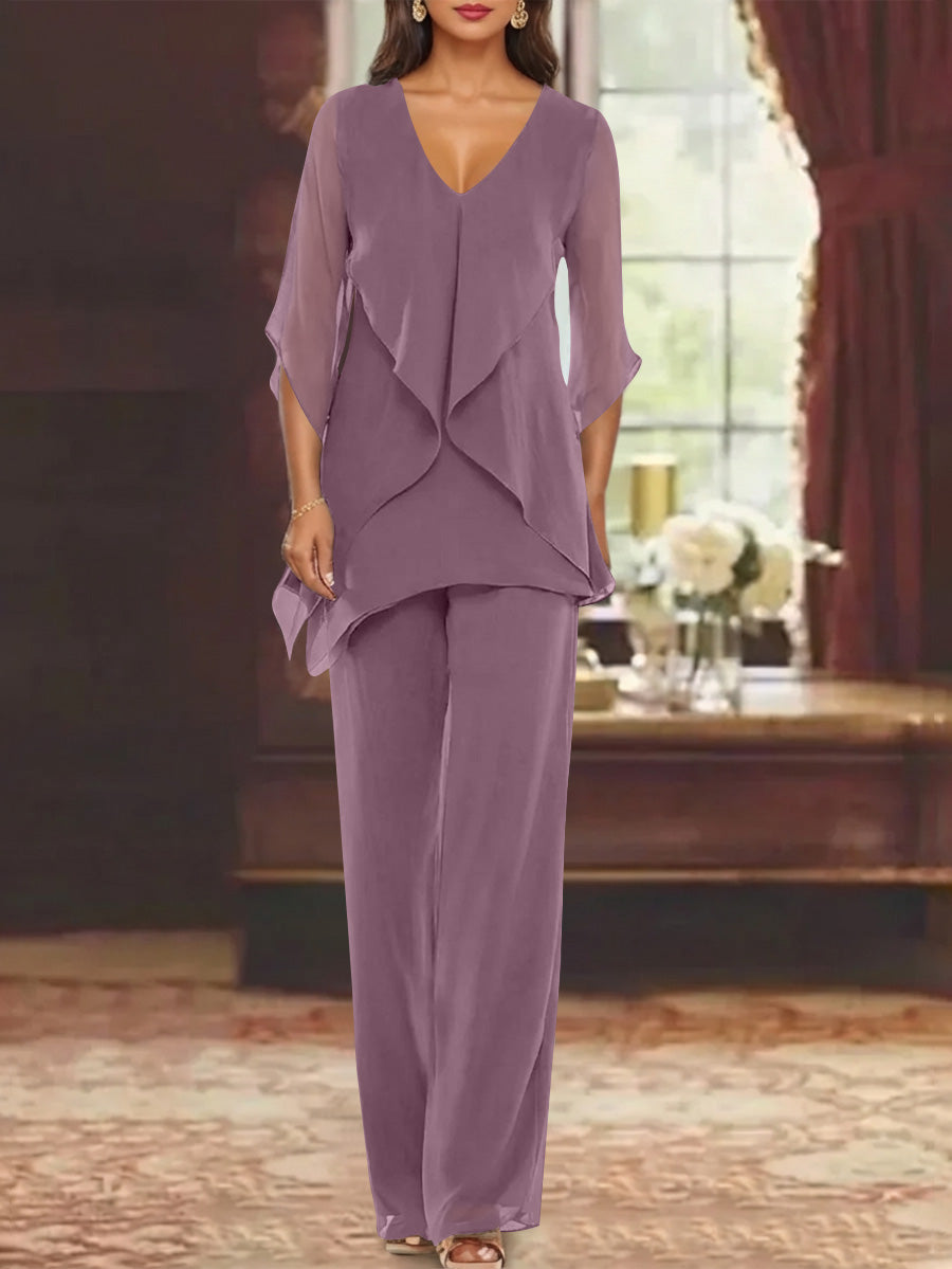Chiffon V-Neck Half Sleeves Mother of the Bride Pantsuits with Ruffles Ankle-Length