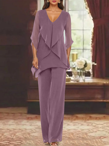 Chiffon V-Neck Half Sleeves Mother of the Bride Pantsuits with Ruffles Ankle-Length