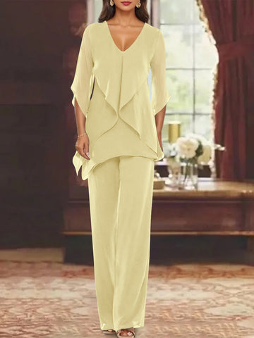 Chiffon V-Neck Half Sleeves Mother of the Bride Pantsuits with Ruffles Ankle-Length