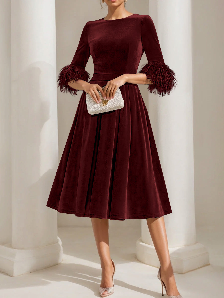 A-Line/Princess Scoop Velvet Mother of the Bride Dresses Half Sleeves Feather-trimmed