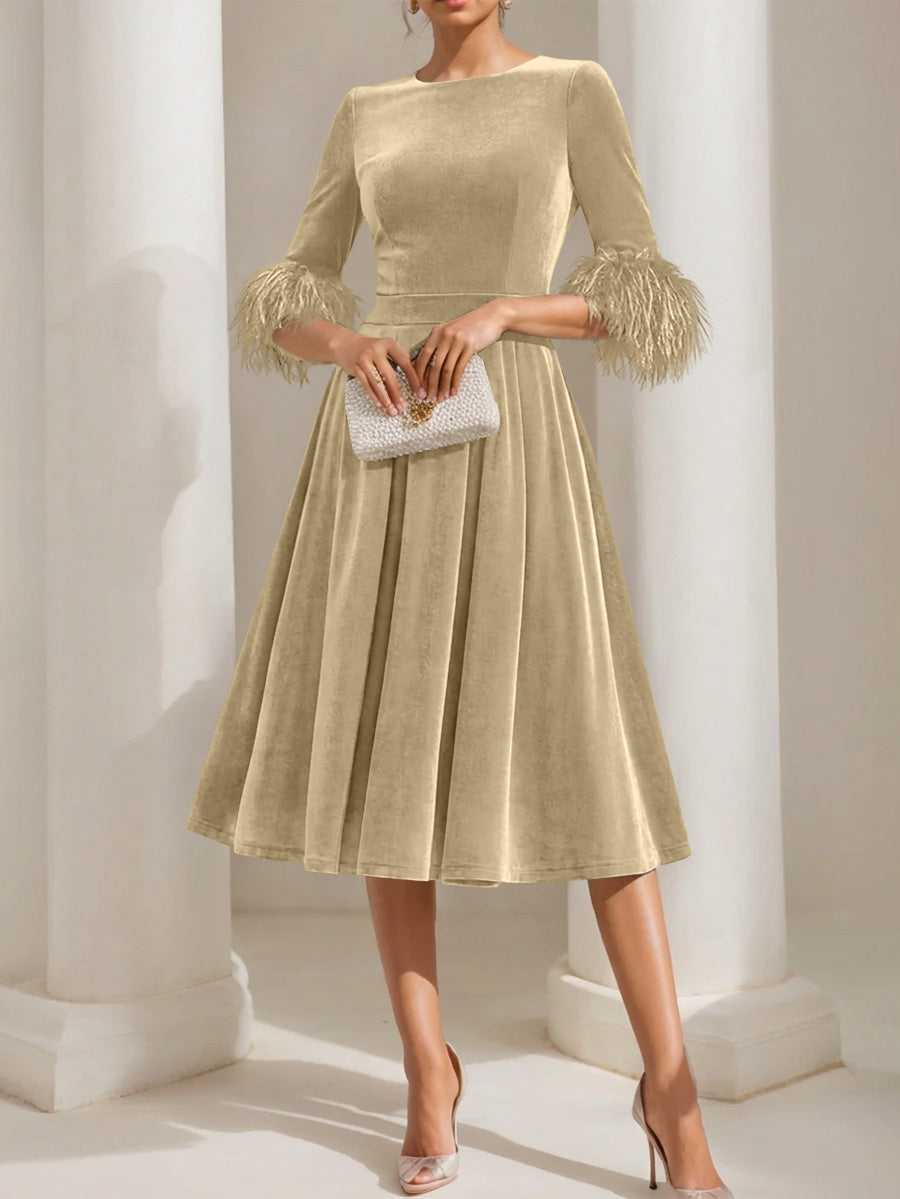 A-Line/Princess Scoop Velvet Mother of the Bride Dresses Half Sleeves Feather-trimmed