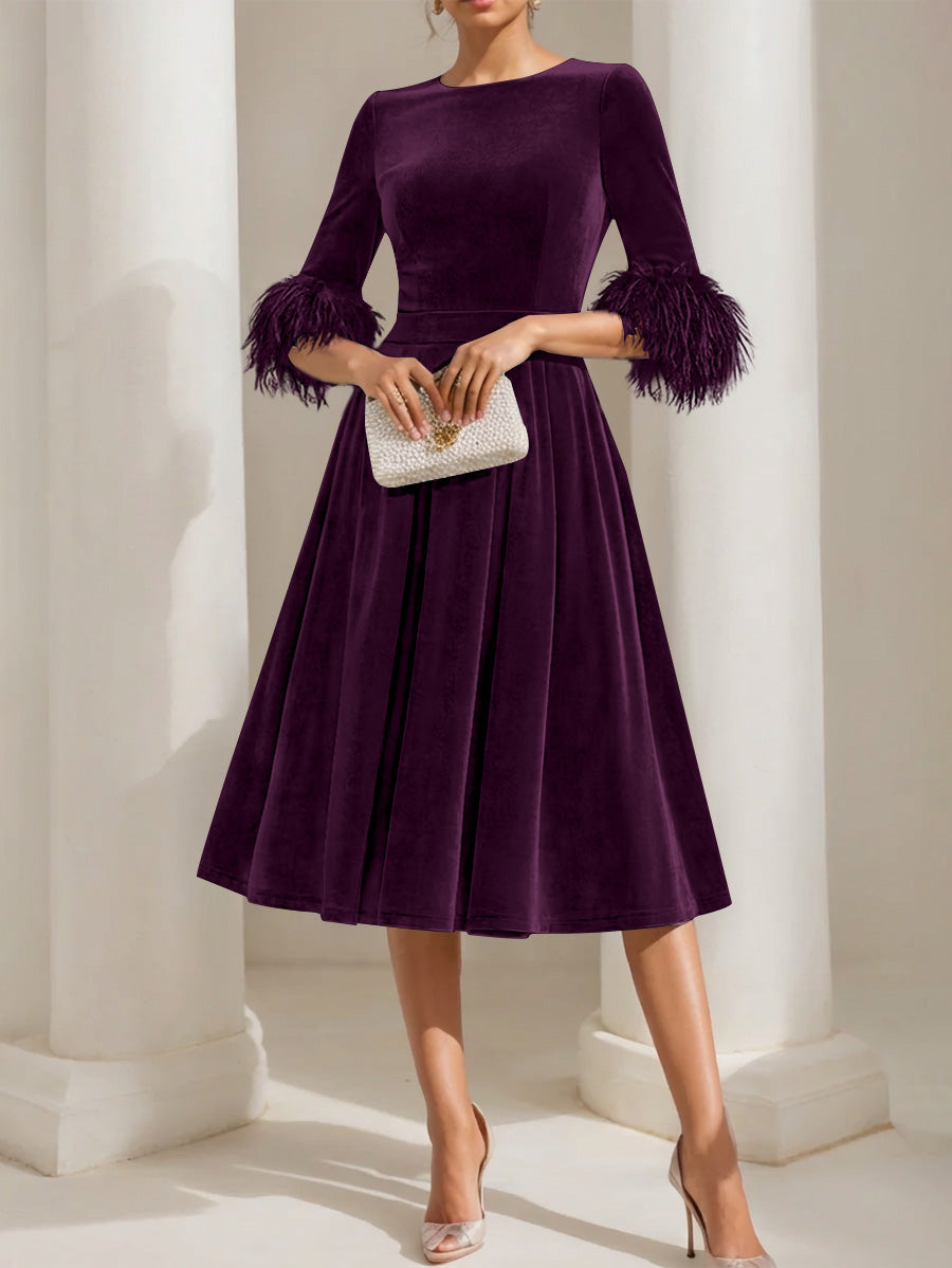 A-Line/Princess Scoop Velvet Mother of the Bride Dresses Half Sleeves Feather-trimmed