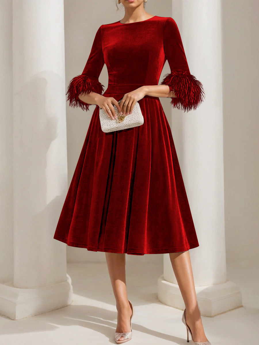 A-Line/Princess Scoop Velvet Mother of the Bride Dresses Half Sleeves Feather-trimmed