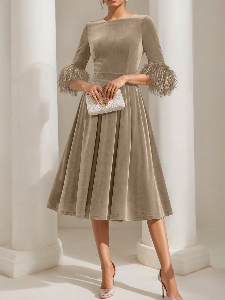 A-Line/Princess Scoop Velvet Mother of the Bride Dresses Half Sleeves Feather-trimmed